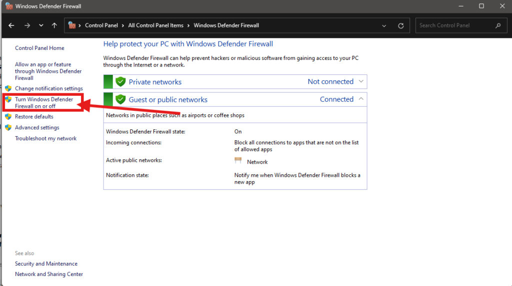تعطيل جدار حماية Windows