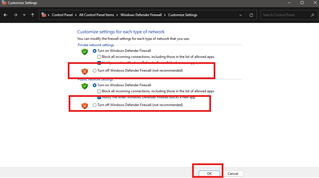 اختر إيقاف جدار حماية Windows ثم انقر موافق