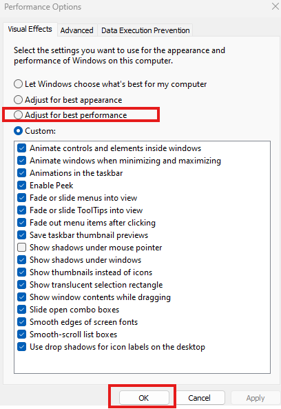 Optimize Visual Effects and Performance Settings