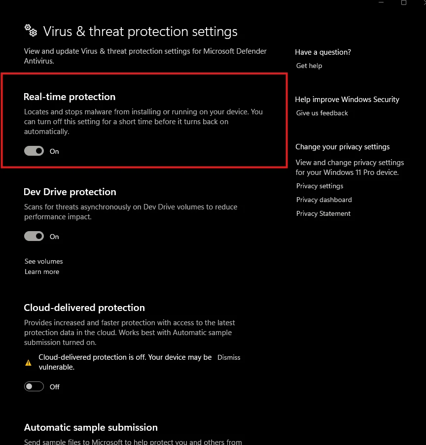 Temporarily disable real-time protection.