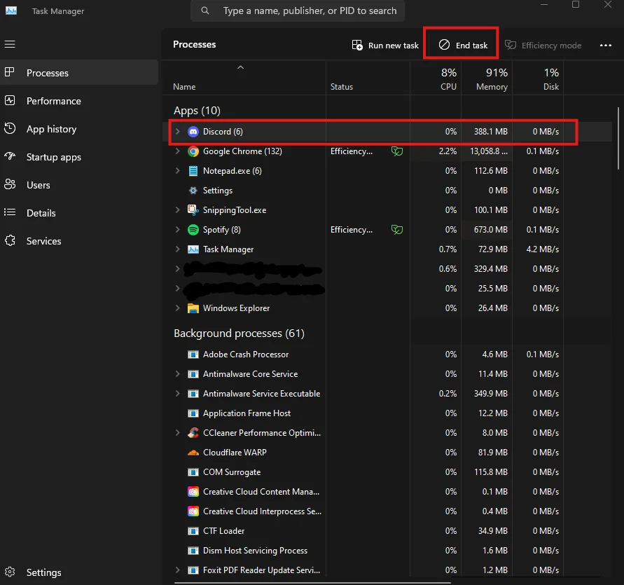 إغلاق Discord وإعادة تشغيله