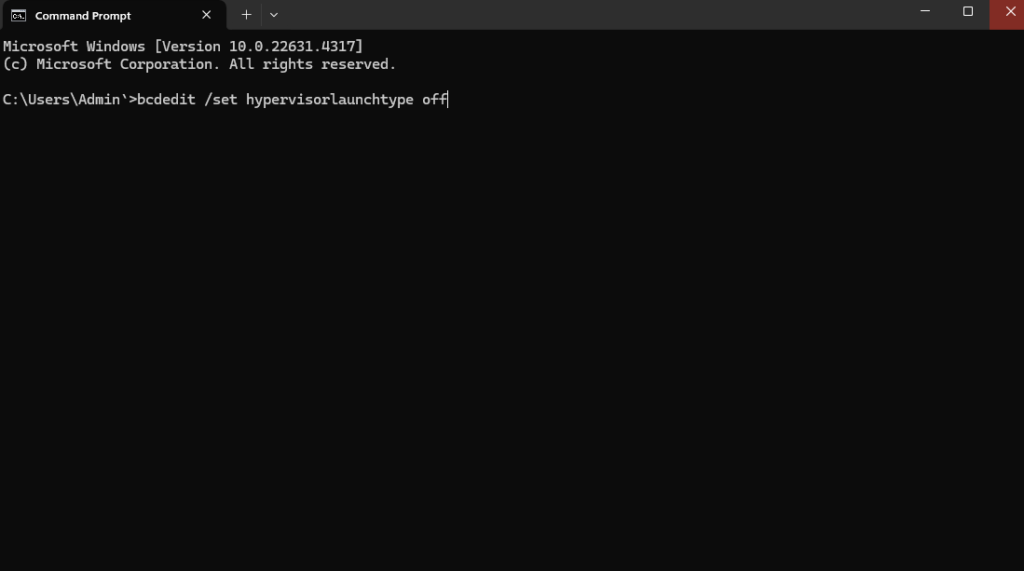 bcdedit /set hypervisorlaunchtype off