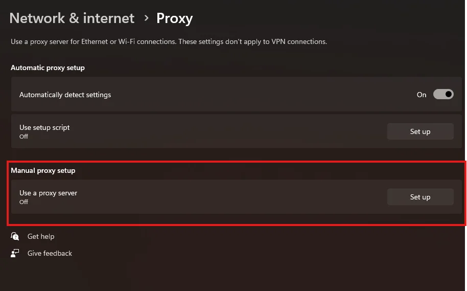 تعطيل إعدادات VPN والوكيل