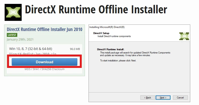 تنزيل DirectX 2010 دون اتصال