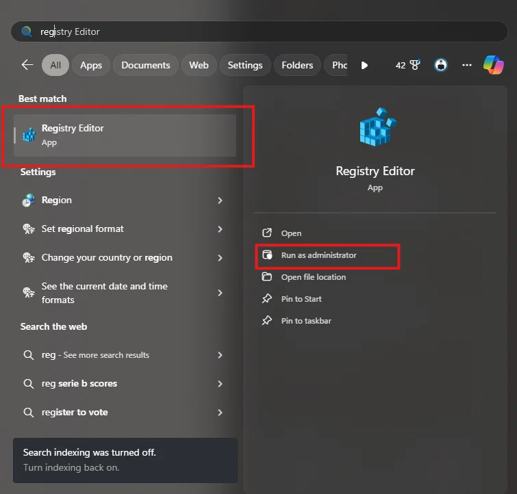 كتابة regedit في شريط بحث ويندوز