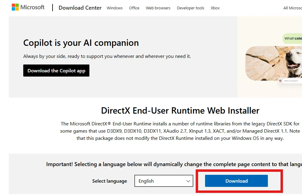تثبيت إصدار DirectX عبر الويب